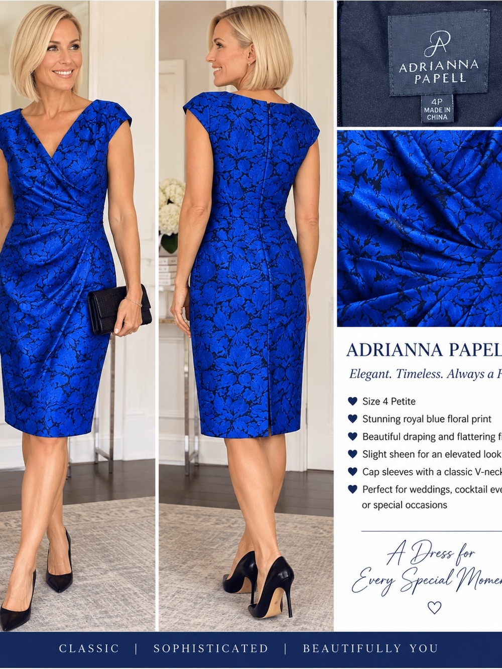 Adrianna Papell Cobalt Blue Floral Sheath Dress